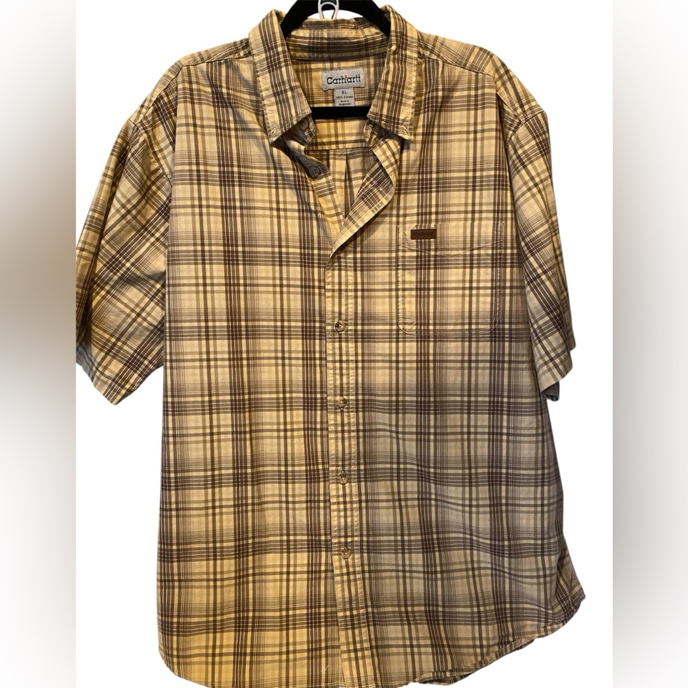 🤎 Carhartt Men’s Short-Sleeve Plaid Button-Up Shirt - Tan/Brown